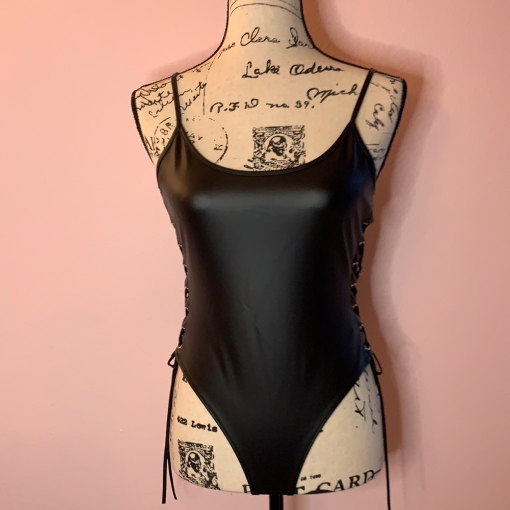 COPY - Black faux leather lace up bodysuit. Size M